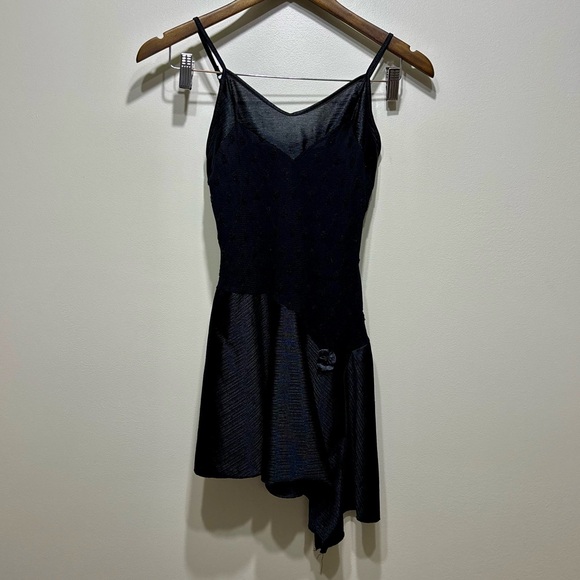 Vintage 90s Y2K Satin Cocktail Asymmetrical Hem Rosette Mini Tank Dress Black - Picture 8 of 8